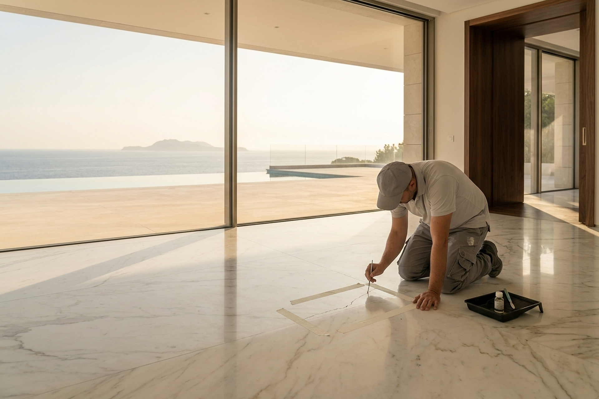 A technician kneeling on a Calacatta marble floor, injecting a hairline crack with resin between two strips of masking tape, the sea visible beyond the glass wall.