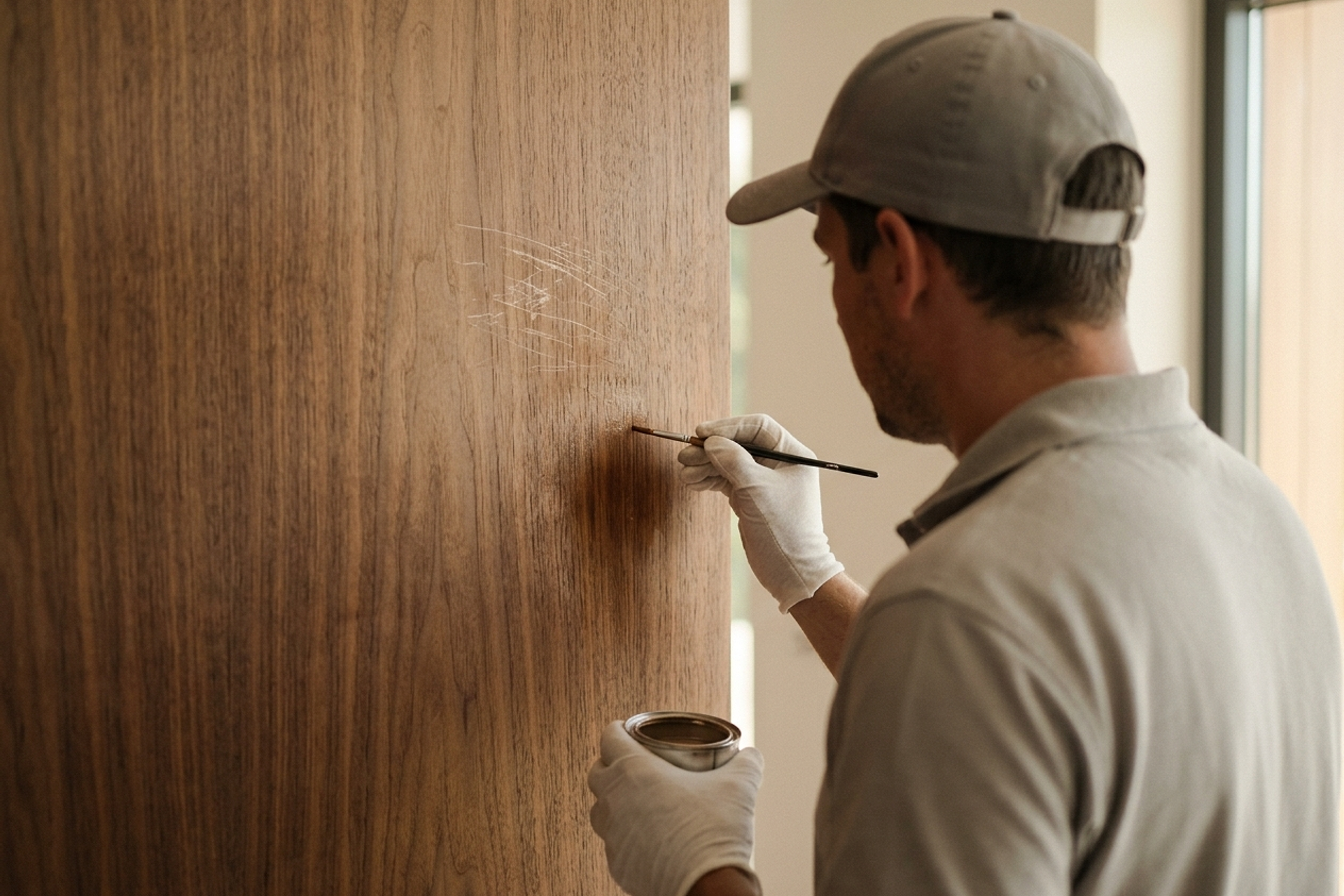 A technician in white cotton gloves touching in a scratch on a walnut veneer panel with a fine brush, matching the tint to the surrounding grain.