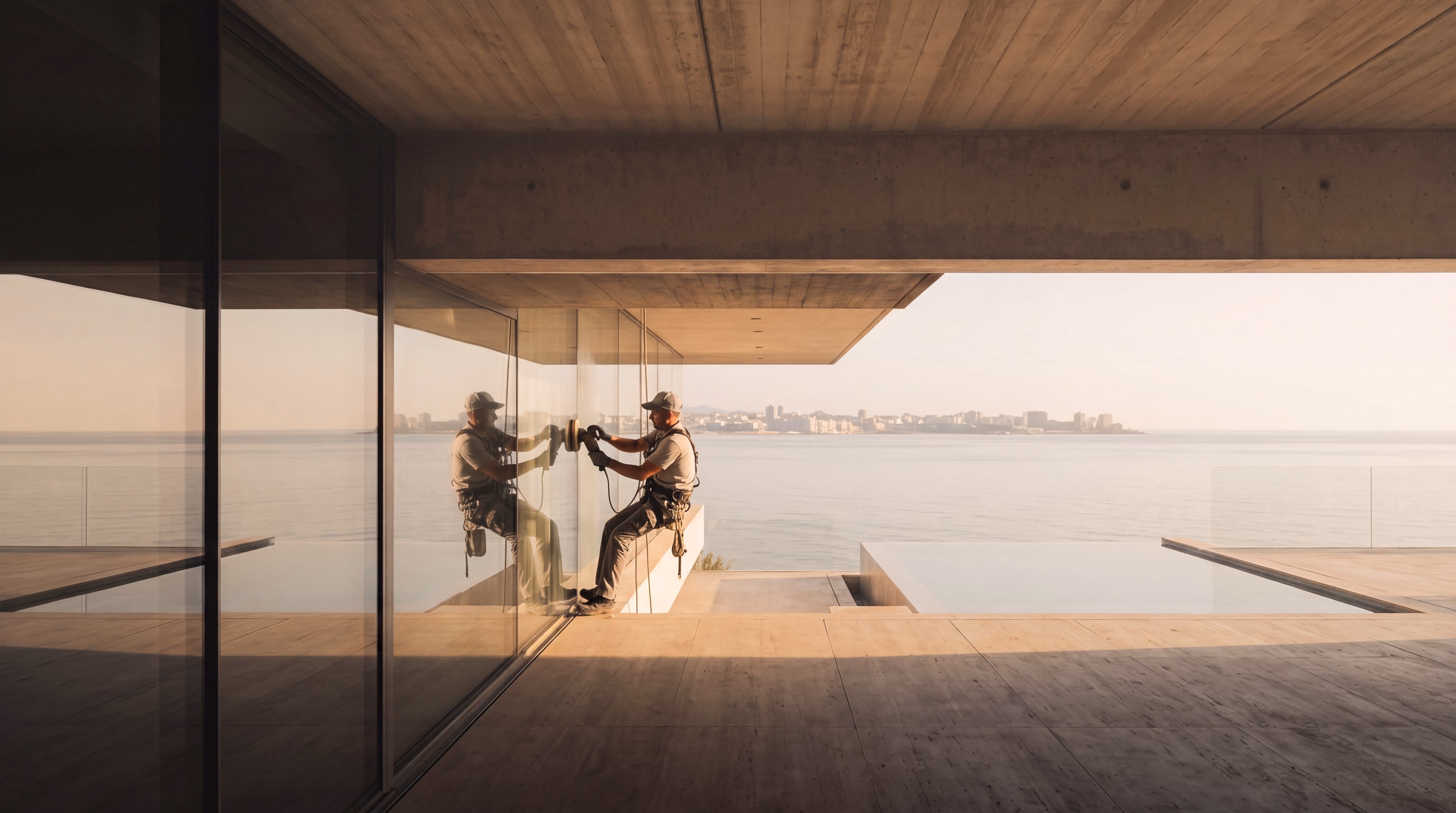 A rope access technician polishing a glass façade at sunrise, his reflection meeting him in the pane, with the sea and a distant coastline beyond.