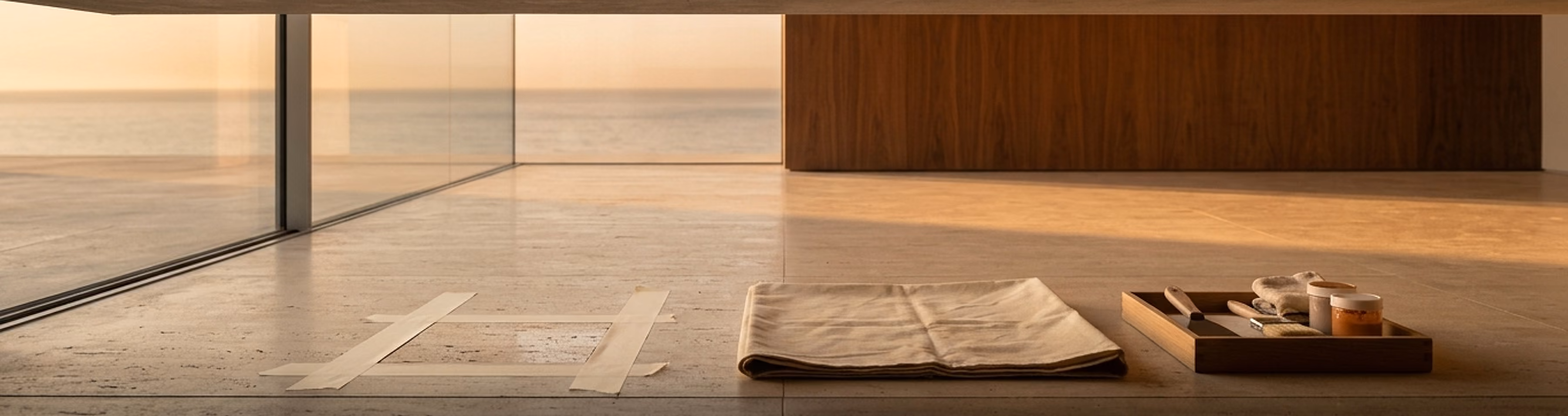 A travertine floor at sunrise with cream masking tape framing a repair, a folded canvas dust sheet and a tray of tools set down in order.