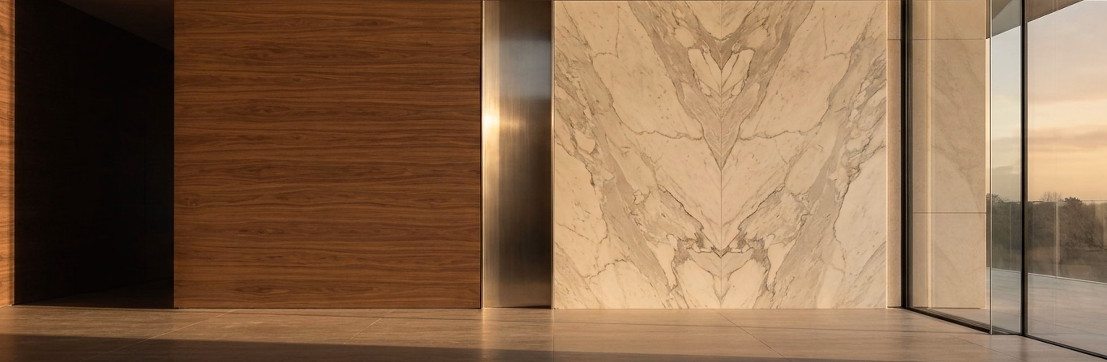 Glass, marble, walnut veneer, brushed steel and travertine meeting at crisp shadow gaps in a luxury interior at sunrise.