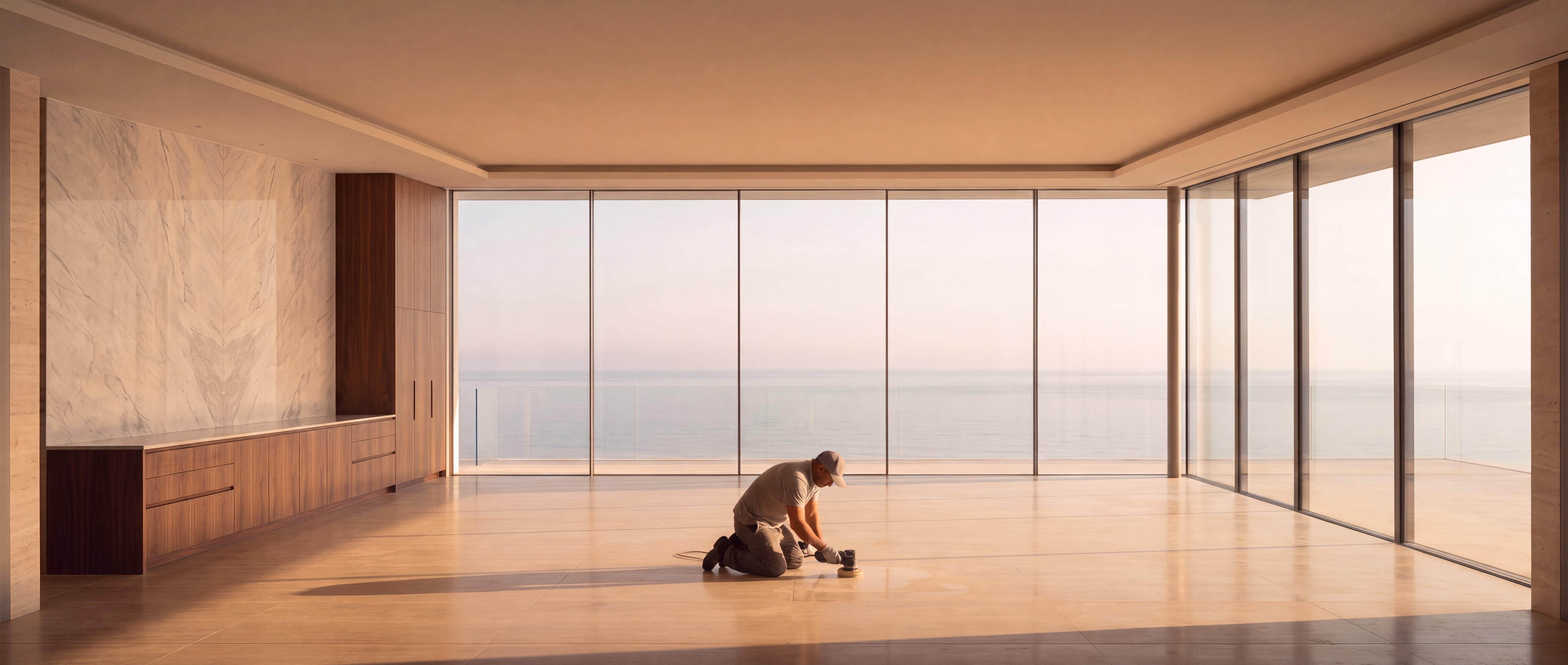 A single technician polishing a small area of stone in a large empty luxury interior at sunrise, the room dominating the frame.